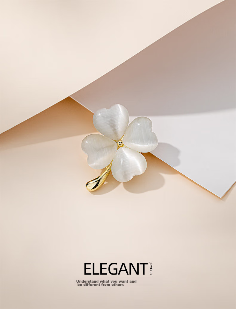 Qlady Cat Eye Four-Leaf Clover Brooch, High-End Women's Magnetic Clasp Corsage, Scarf Pin, Anti-Exposure Accessory, Mid-Autumn Festival And Birthday Gift 1