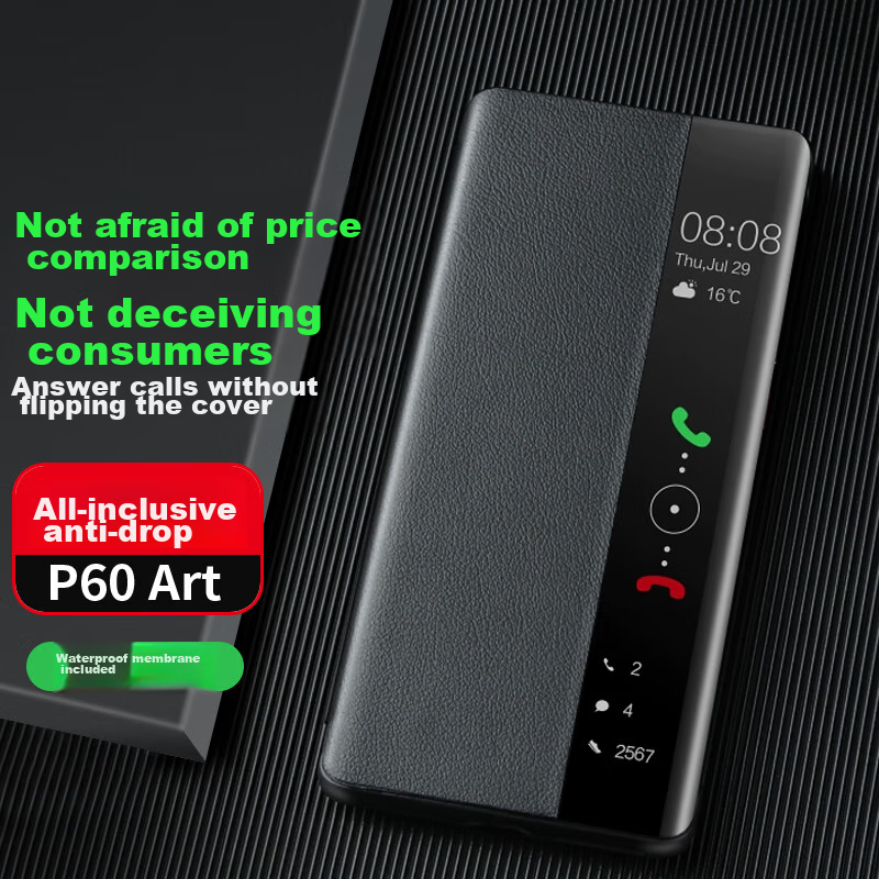 Чехол для Huawei P60 Art ZhengJian, кожаный, противоударный, с окошком, черный