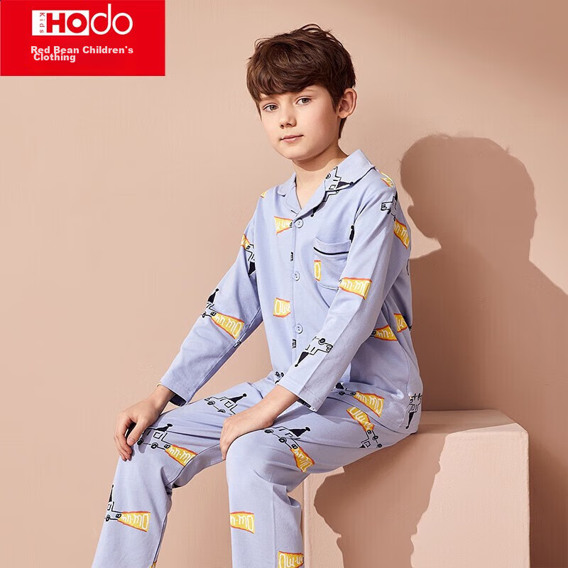 Пижама для мальчика Hodo, комплект из 100% хлопка, с длинным рукавом и брюками, с отложным воротником, размер 160, синий