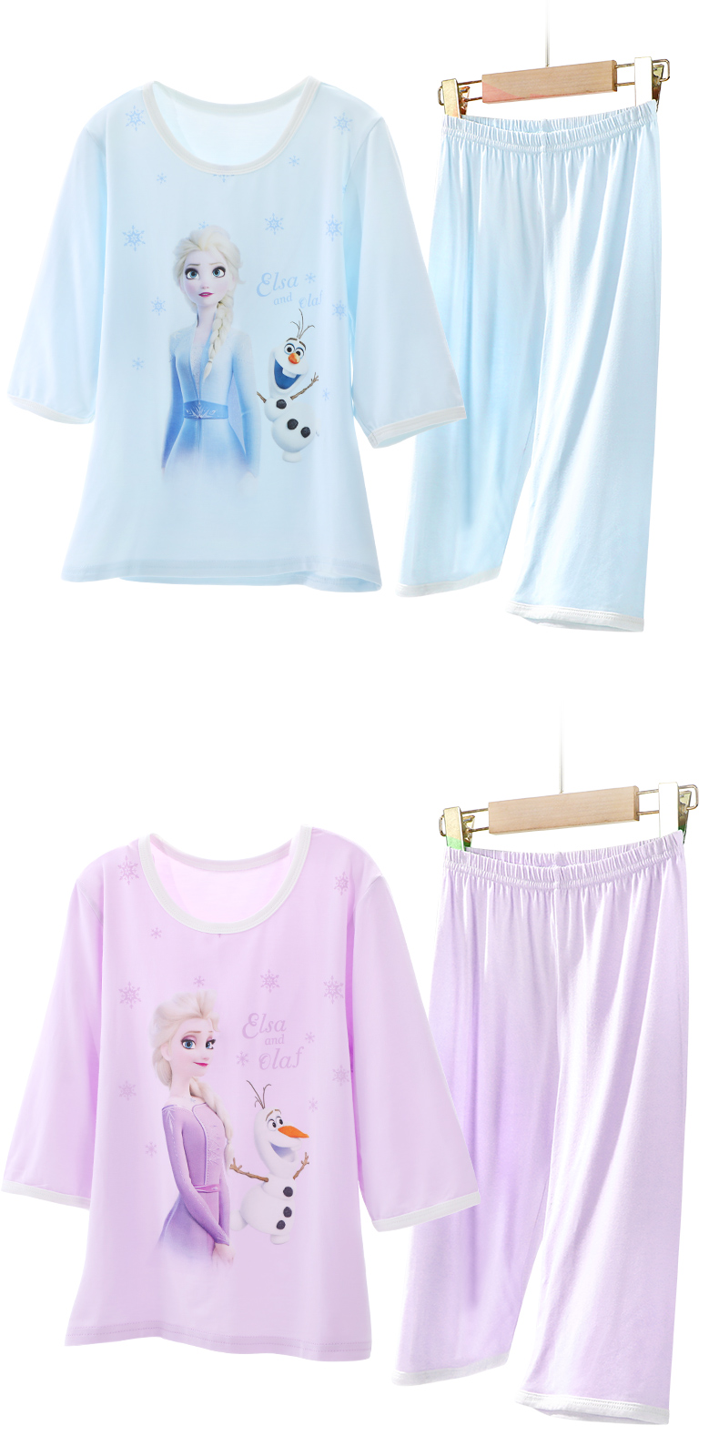 Disney Frozen Girls' Summer Thin Pajamas, Elsa Princess Modal Mid-Sleeve Loungewear Set for Childre 3