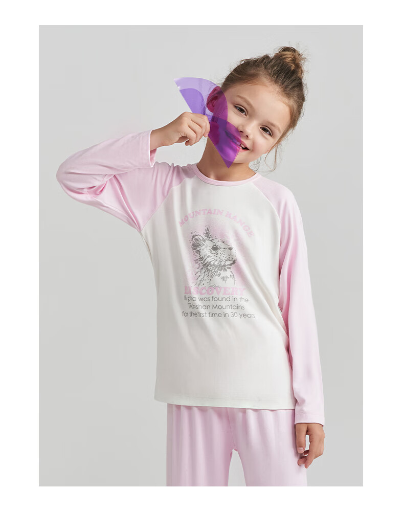 AIMER KIDS Girls' Spring And Autumn Pullover Long-Sleeve Color Block Loungewear Set, Pink And White, Size 110 9
