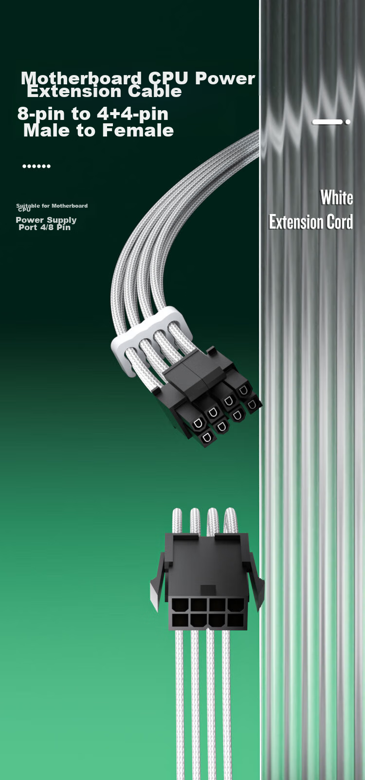 KELEPU Desktop Computer CPU Power Extension Cable, 8Pin to 4+4Pin Male And Female Extension Cord, White, 300mm 2