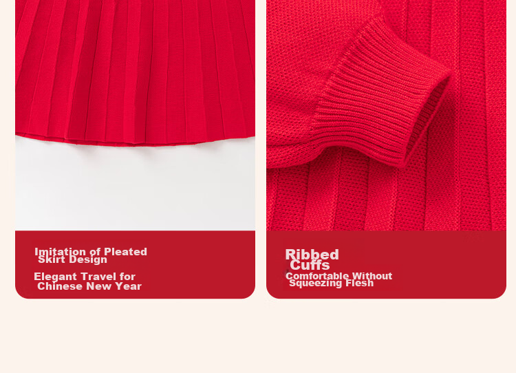 BALABALA Girls' New Chinese-Style Knitted Dress, Spring 2025 Collection, Red Pleated Princess Greeting Dress, 208125111001 10