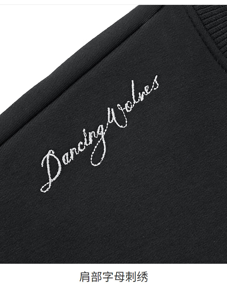 DANCING WOLVES [Fleece-Lined Thickened] Autumn And Winter Plain Line Design Trendy Versatile Round Neck Thick Sweatshirt for Men, 001 Black, Size 180 11