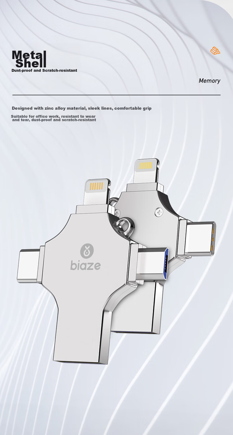 BIAZE 128GB Four-In Lightning Phone Flash Drive, Type-C USB3.0, Compatible with Huawei, Android, Apple, Large Capacity Dual-Use Thumb Drive for Computer And Phone 9