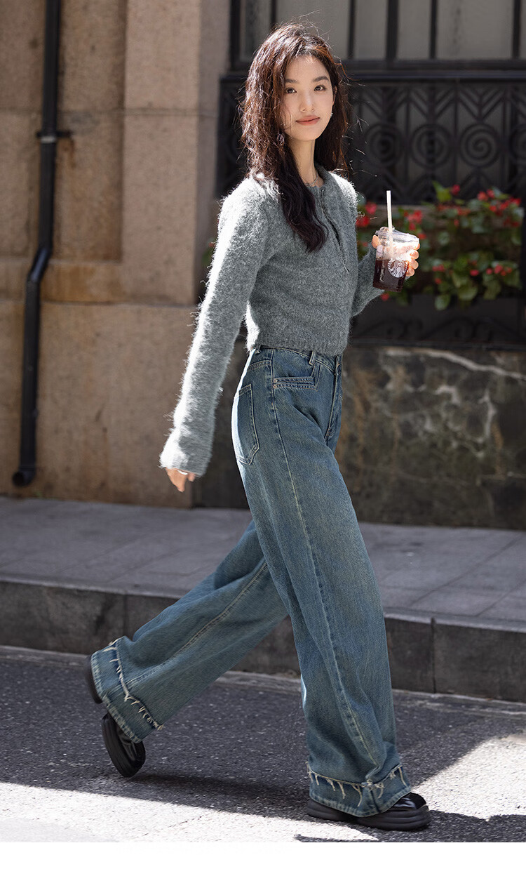 Dme [Gray Plush Knit Jacket] Autumn Round Neck Opening Placket Zipper Design Long-Sleeve Knit Sweater, Gray, S 11