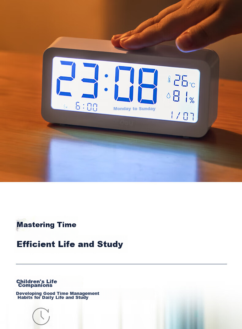 Deli Multifunctional Alarm Clock, Electronic Clock, Simple Student Style, Backlit Large Screen, Temperature And Humidity Meter, Time Management, New And Old Alternating Shipping, White 8826, Back-To Gift 5