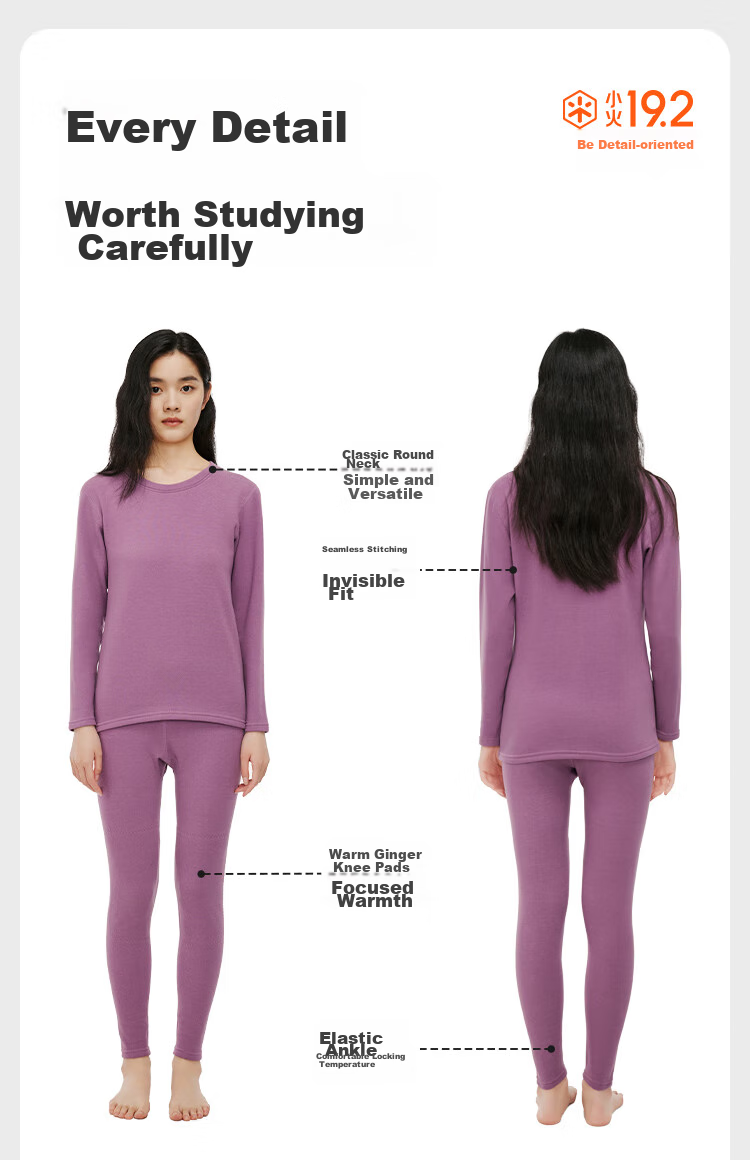 HLA [Xiaohuo-7 Fen Huo] Women's Thermal Underwear, Fleece-Lined Warm Ginger Heating Patch, Thickened Autumn Top And Pants Set 14