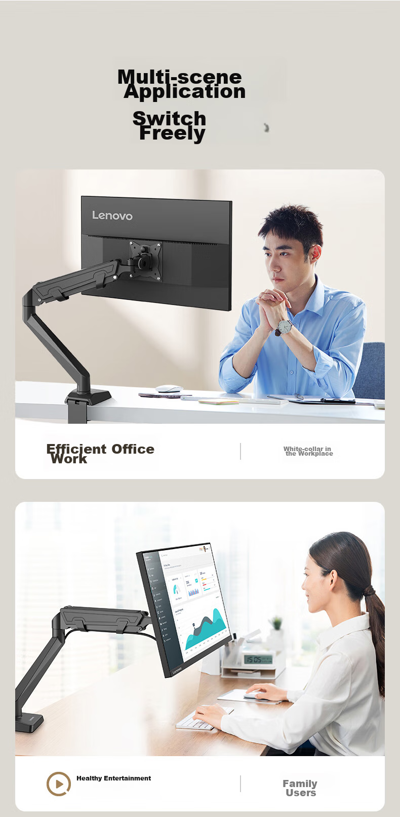 Lenovo Monitor Arm Mechanical Arm Computer Stand Display Screen Bracket Height Adjustable Desk Clamp Rotating Stand 22-40 Inch AD-120 15