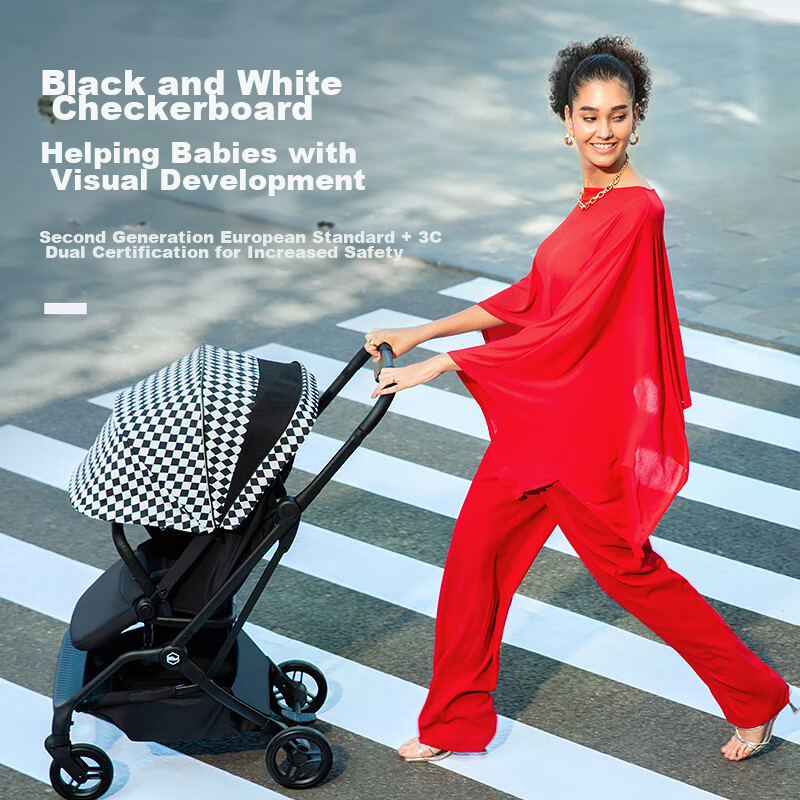HBR Stroller with Reversible High View, Newborn Carriage, Can Sit And Lie Down, M360 Luminous, Black And White Checkered Patter