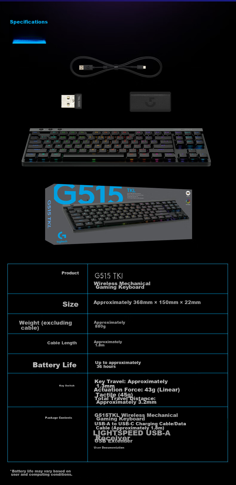 G Falcon Series G515 LIGHTSPEED TKL Low-Profile Wireless Gaming Keyboard, 87-Key Layout, Triangular/PUBG White - T Key (Similar to Brown Switches) 11