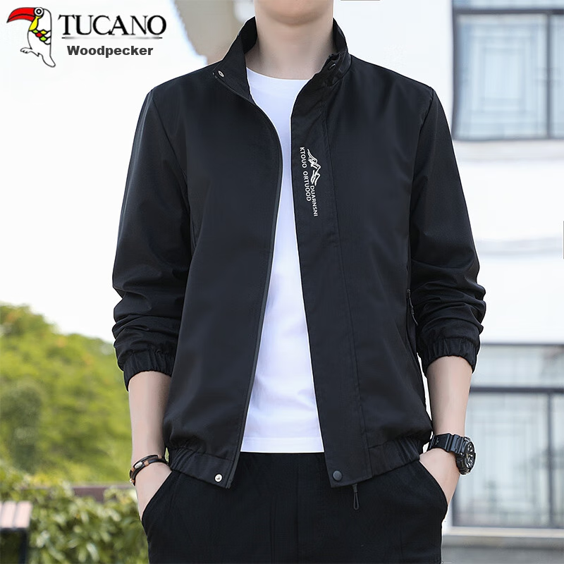 TUCANO Jacket for Men, Spring And Autumn Loose Fit Stand Collar Versatile Casual Coat Trendy Comfortable Outerwear Men's Clothing, Black, M