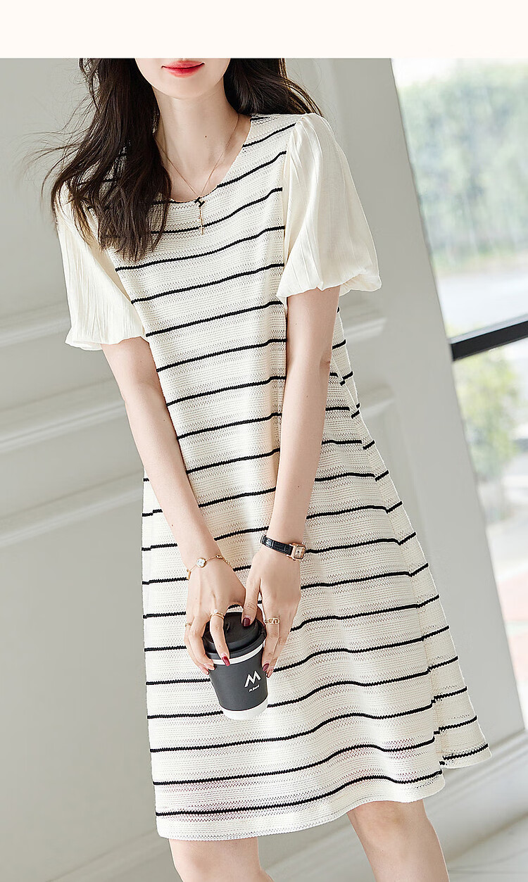 Dme [Atmospheric And Elegant Female Lead] Summer Round Neck Puff Sleeve Single-Button A-Line Dress Striped Patchwork Dress for Wome 20