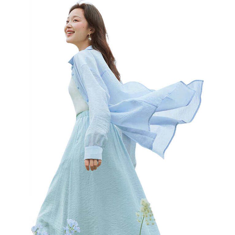 INMAN [Showroom Style] Tencel Sun Protection Thin Long-Sleeve Shirt Jacket for Women, Summer 2026, Light Gray-Blue, Size L