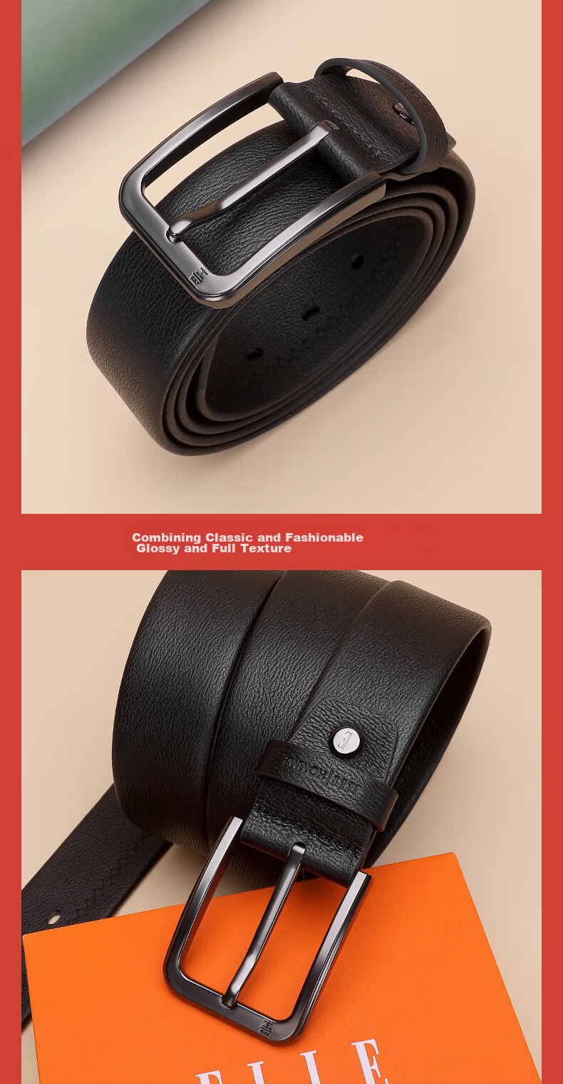 ELLE HOMME Men's Leather Belt with Pin Buckle, Top-Grain Cowhide Casual Trouser Belt for Men, Birthday Gift for Boyfriend 12
