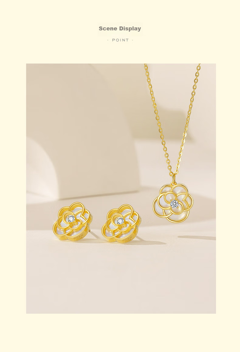 CHOW TAI SENG [Birthday Gift] Camellia Mother-Of Stud Earrings for Women, Elegant Niche Design Silver Earrings for Girlfriend 7
