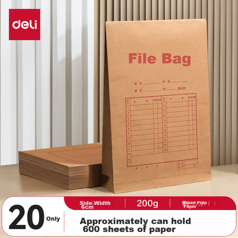 Deli 20 A4 Mixed Pulp 200g Thick Kraft Paper File Folders, Gift Bags, Receipt Protectors, Storage Bags with 6cm Side Width for Bids, Contracts, Documents And Materials P64101