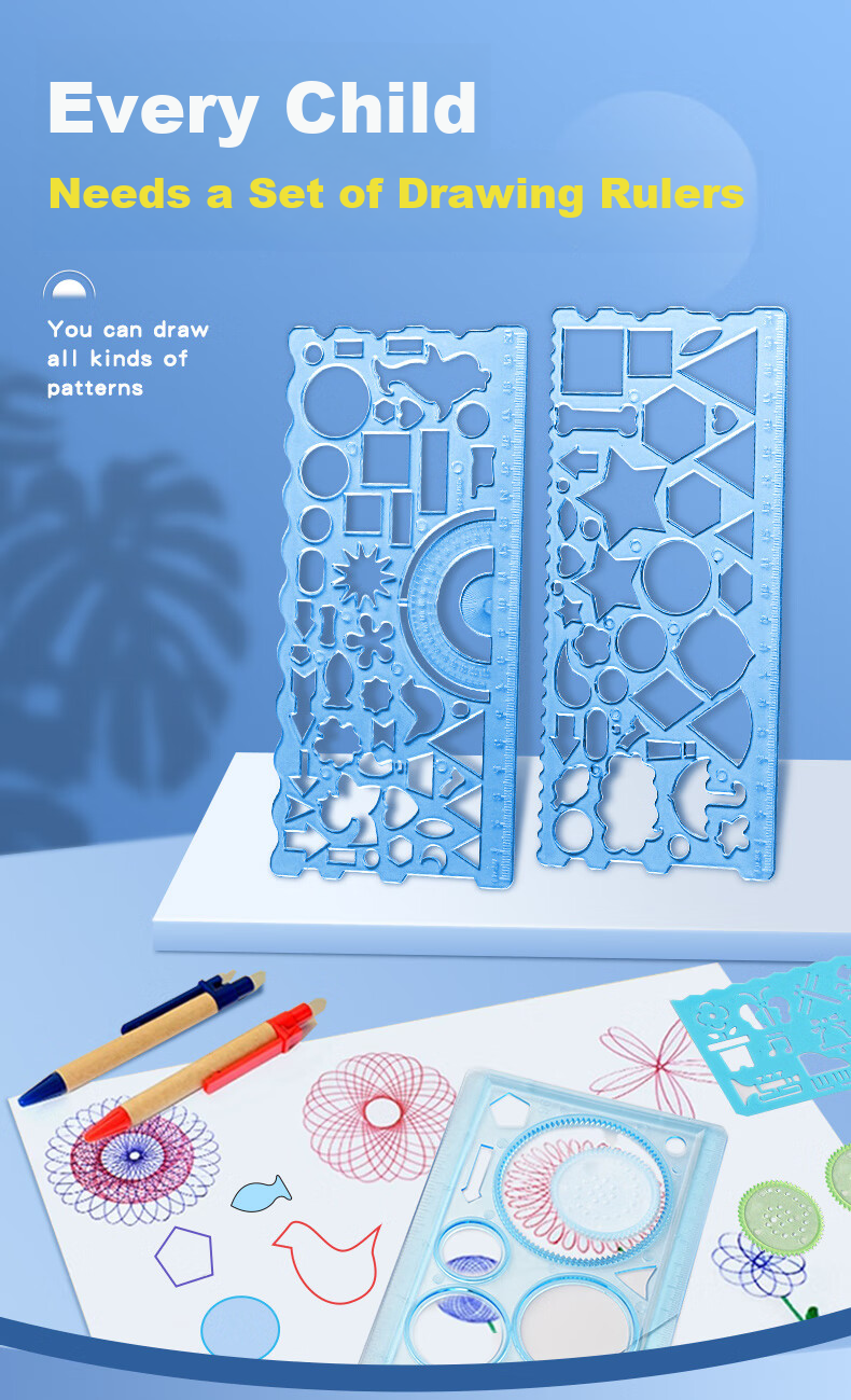 Licao Ruler Set, Multifunctional Ruler Set, Mid-Autumn Festival And National Day Handwritten Report Rulers, Multi-Functional Drawing Rulers, Elementary School Students' Handwritten Report Templates, Back-To Essentials, Blue 7-Piece Set 1