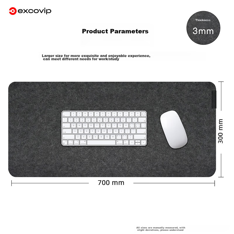 EXCO Mouse Pad Felt Desk Mat Large Size 700*300mm Computer Desk Office Gaming Keyboard Pad Wear-Resistant Non-Slip Bottom Skin-Friendly Thickened Desk Pad, Rollable And Portable, Black-Gray 0253 8
