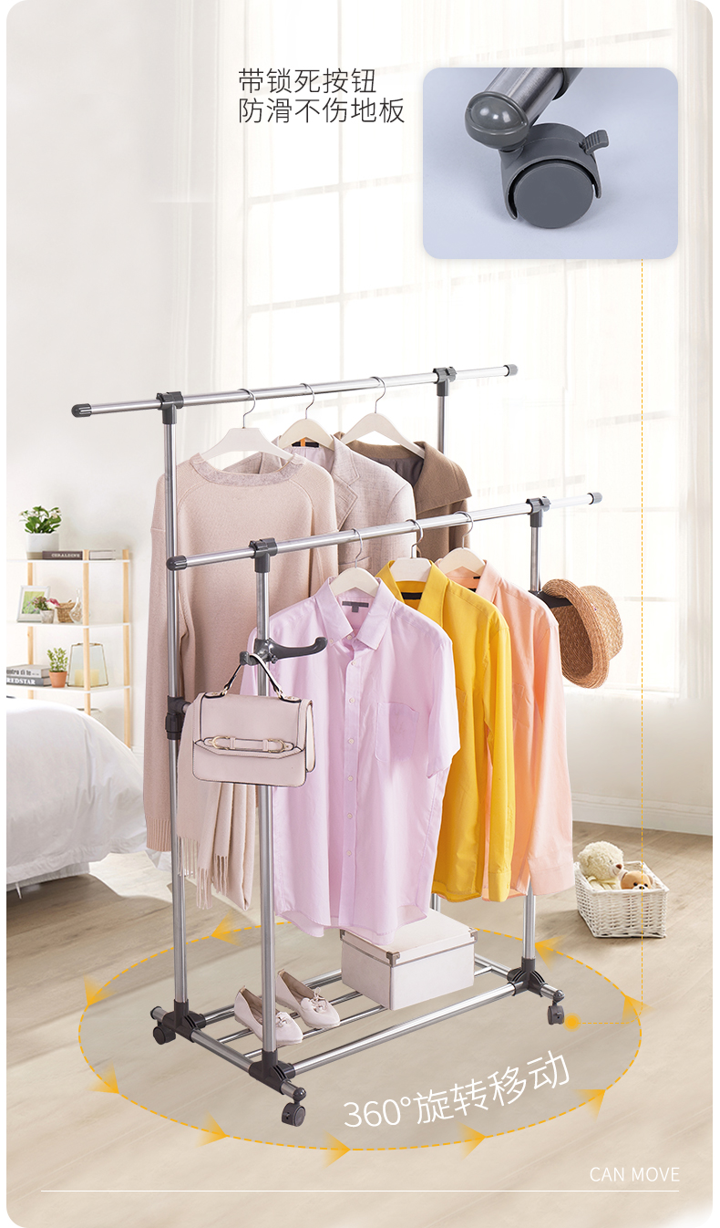 Baoyouni Clothes Drying Rack, Floor-Standing Indoor Roller Movable Hanger, Double-Pole Extendable Clothes Drying Rack, Balcony Drying Rack 11