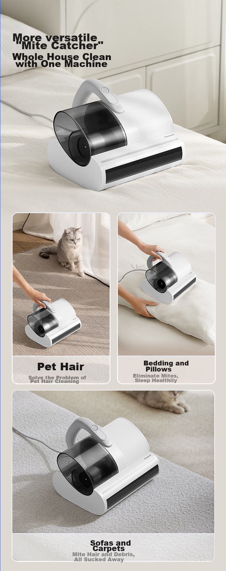 Panasonic [Cleaning Wonder] Ultrasonic Mite Remover, Bed Vacuum Cleaner for Home Use, High Suction Power, UV Sterilization, Hot Air Dehumidification, Dual Roller Brushes, Dual Beating Blades, Dual Cups MC-DC21P 16