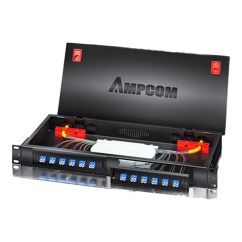 AMPCOM Fiber Optic Terminal Box 12-Port 24-Core Full Loaded LC Ribbon Pigtail Single Mode Flange Coupler Adapter Fusion Splice Tray Screwless Patch Panel AMLCS24V