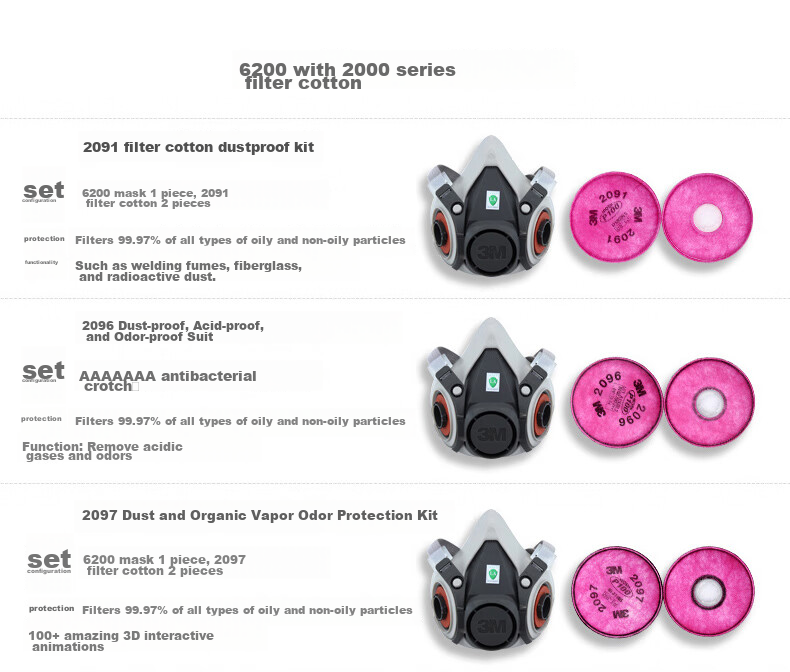 3M Gas Mask Respirator Dust Mask 6200 + 2 Pieces 2091CN Filter Cotton P100 Grinding Industrial Dust Welding Smoke-Specific Firefighting Mask 9
