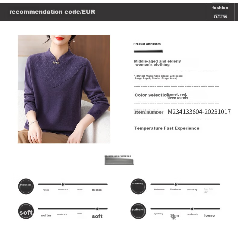 Hengyuanxiang Women's 100% Pure Wool Sweater, New Chinese Style Middle-Aged Mom's Outfit, 50-60 Years Old Stylish Zodiac Year Base Layer Red Sweater 11