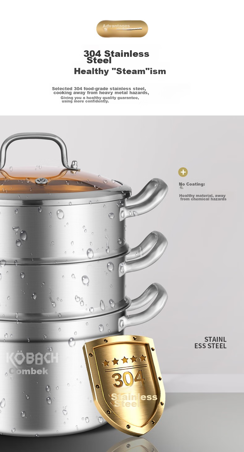 KOBACH Steamer Pot, 304 Stainless Steel European-Style Steamer Pot, Three-Layer Steamer Pot, 28cm, Compatible with Induction Cooker And Gas Stove 3