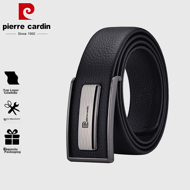 Pierre Cardin Men's Belt, Top Grain Leather, Buckle Waistband, Smooth Buckle Trouser Belt, Gift Box, Present, Black, 115-120