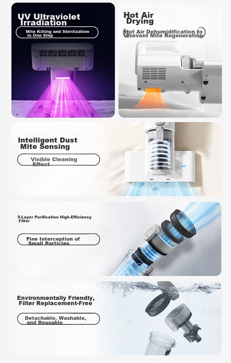Panasonic Dust Mite Remover for Home Use Bed, Smart Dust And Mite Sensing All-In UV Sterilization Hot Air Dehumidification, Cat And Dog Hair Removal, Strong Suction Powerful Beating MC-DC11A 3