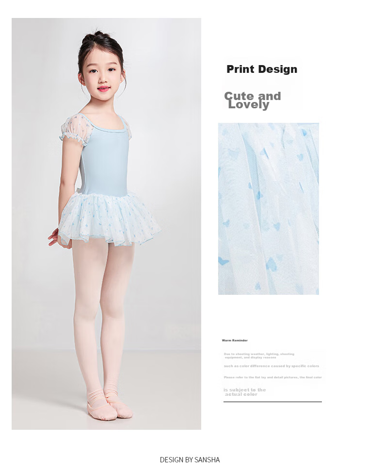 Sansha Children's Dance Tutu, Ballet Leotard for Girls with Heart-Shaped Puff Sleeves, Performance Dress with Open Crotch, Light Blue, Size S 6
