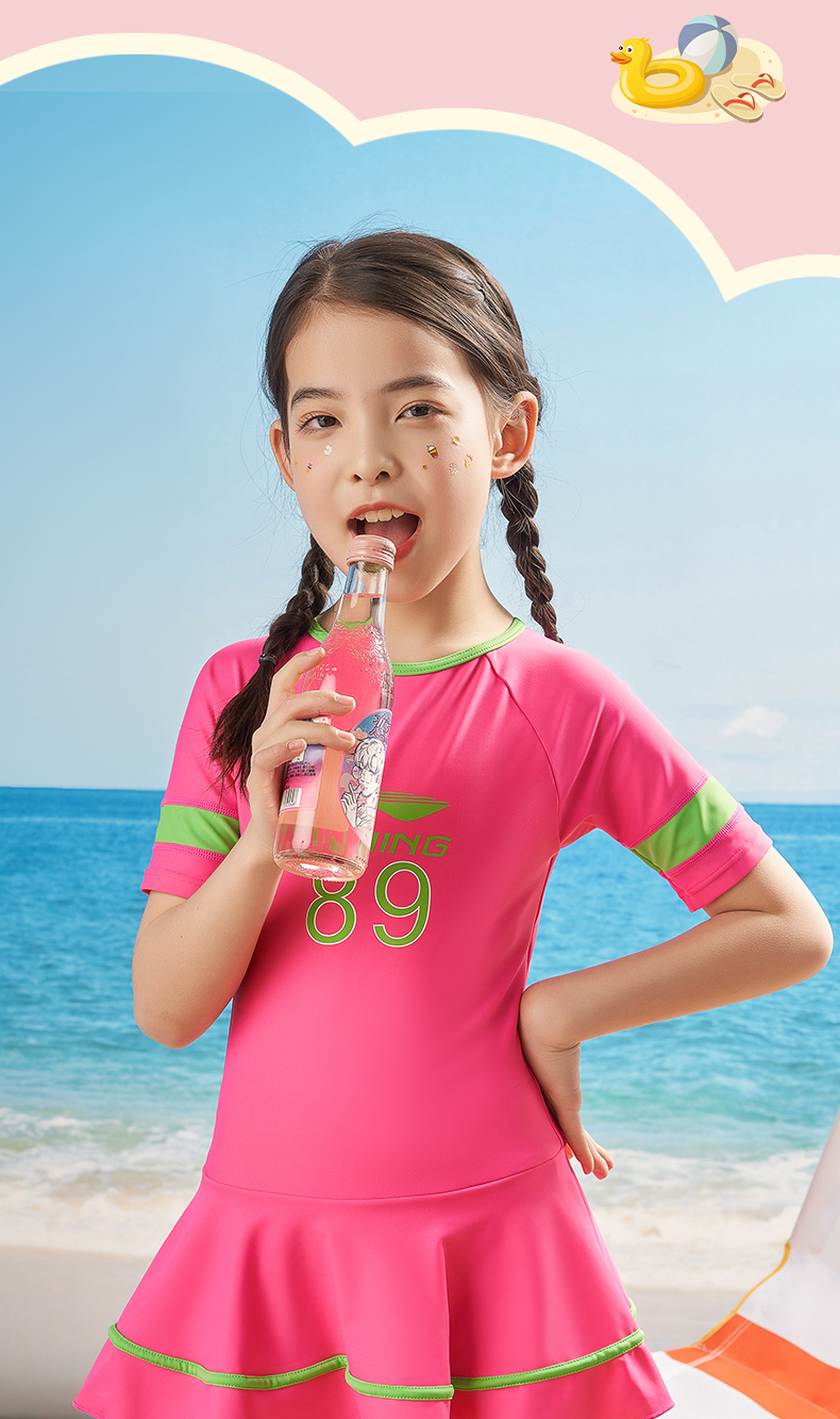 Li-Ning Children's Swimsuit, One-Piece Swimwear, Princess Style for Girls, Korean-Style Skirted Sun Protection Swimwear, Size 58, Pink, 150 4