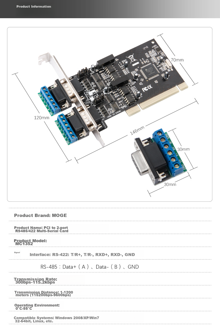 MOGE Desktop PCI to Dual-Port RS485/422 High-Speed Serial Card Optical Isolation Motherboard Serial Expansion Card 9-Pin COM Port Industrial-Grade Terminal Block MC1352 5