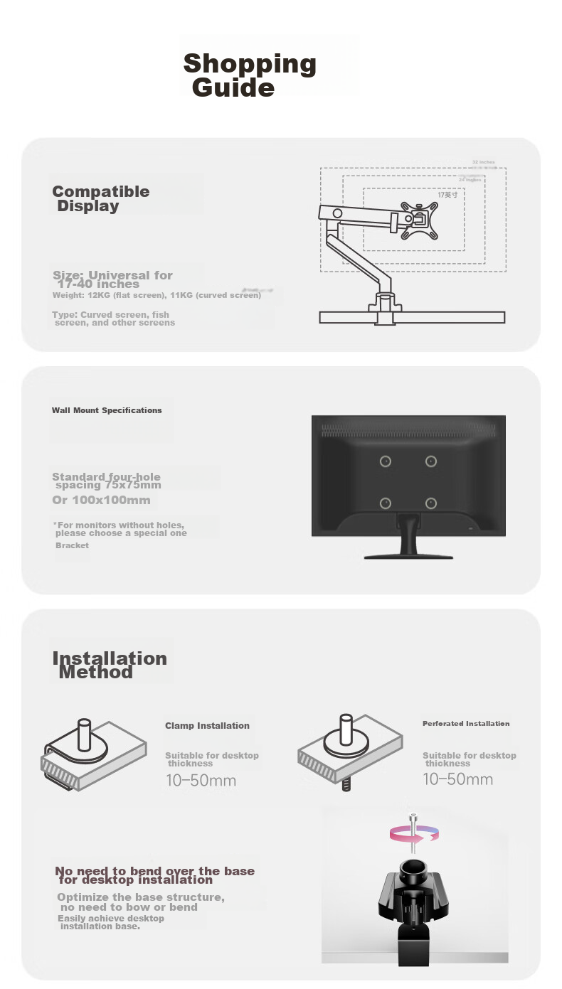 Brateck Beihu Monitor Stand, Mechanical Arm, Computer Stand Desktop Clamp Base, Heavy-Duty Screen Riser E500 White 17-40 Inch, Suspended Arm 3