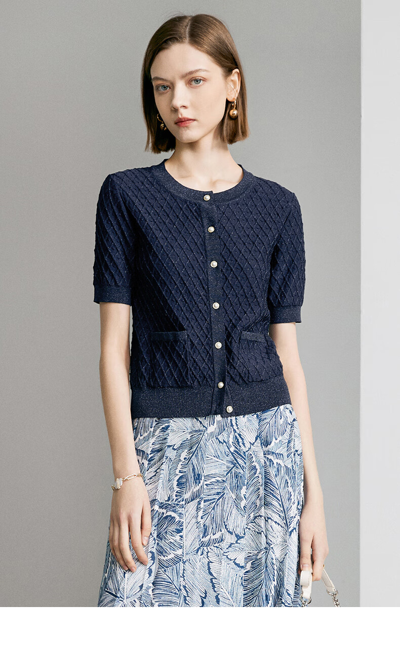 YANYEE Black Crew Neck Knit Top Women 2024 Summer Casual Simple Versatile Shiny Short Sleeve Shirt Dark Blue XXL/44 12
