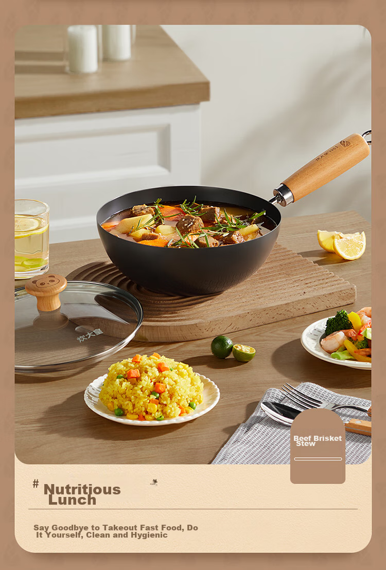 COOKER KING Small Iron Wok, Frying Pan for Home Use, Flat Bottom Pan, Baby Food Pot, Single Serving Pan for Induction Cooker, 20cm 6