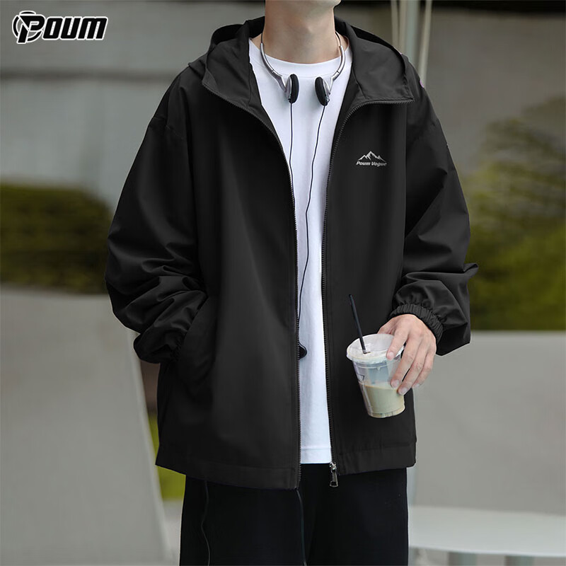 POUM Trendy American-Style Jacket for Men, Spring And Autumn Style, Workwear Casual Windbreaker, Feng POJ03 Black M