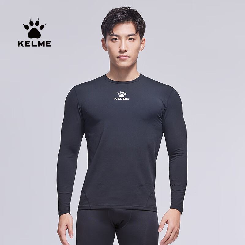 KELME Men's Outdoor Thermal Fleece Lined Compression Shirt Running Training Fitness Top Black 3XL