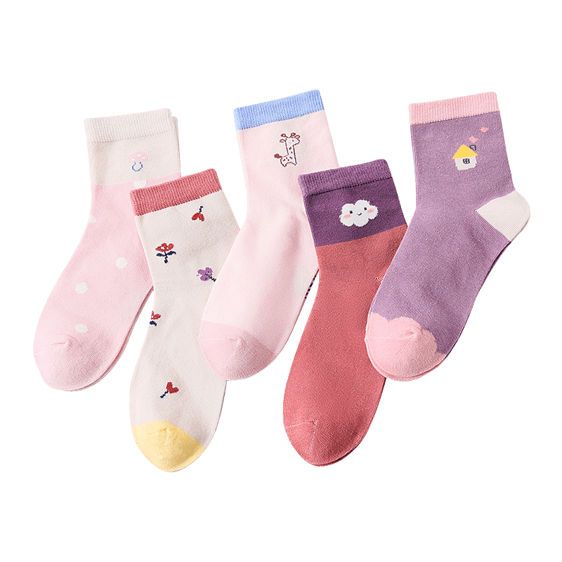 LangSha Children's Socks, Girls' Mid-Calf Cotton Socks for All Seasons, High-Elasticity Breathable Cloud And Flower Mesh Student Socks for Older Childre