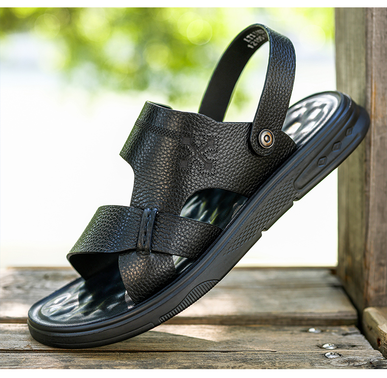 LAORENTOU Men's Beach Sandals, Summer Breathable Metal Buckle Lychee Pattern Shoes Slippers Dual-Use Versatile Casual Sandals Men's Footwear LT13107 Black Size 42 6