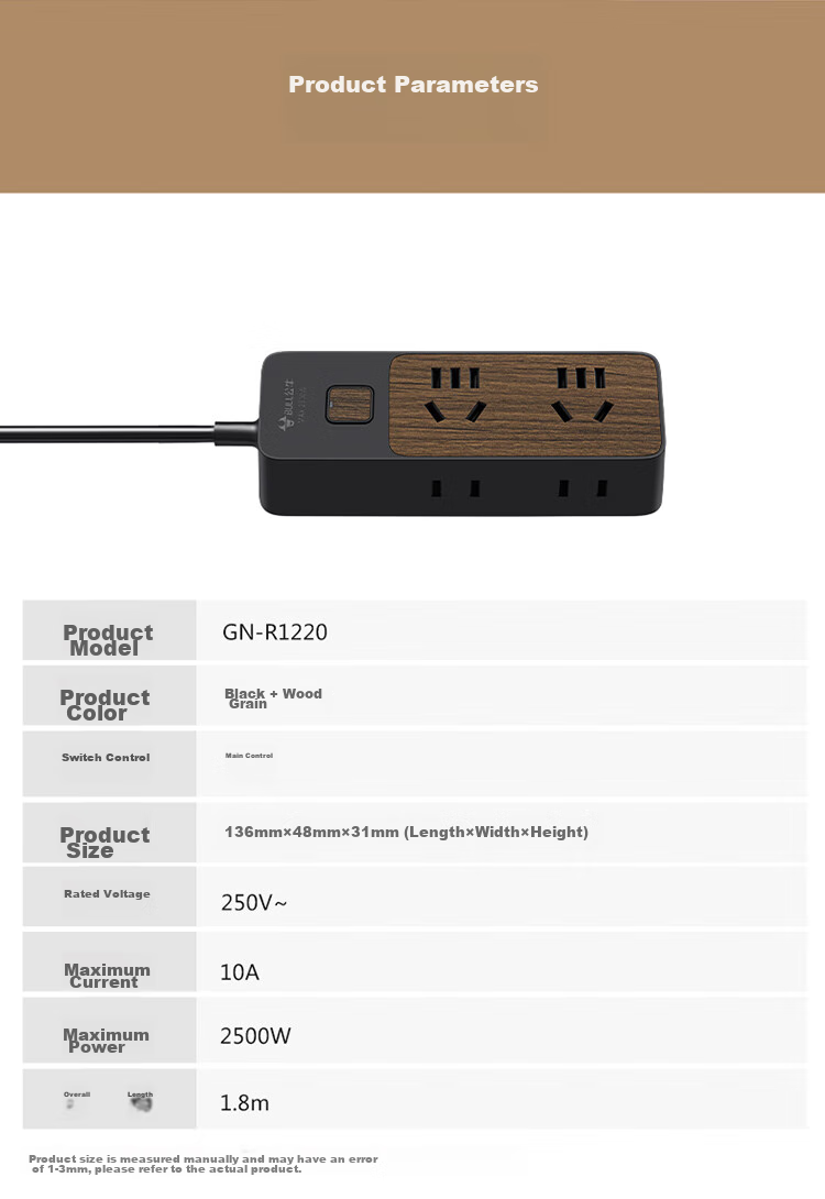 BULL Power Strip / Extension Cord / Surge Protector / Multi-Outlet Strip / Power Board / Cable Reel with Master Switch, 4 Outlets, 1.8m, Black Wood Grain, GN-R1220 10