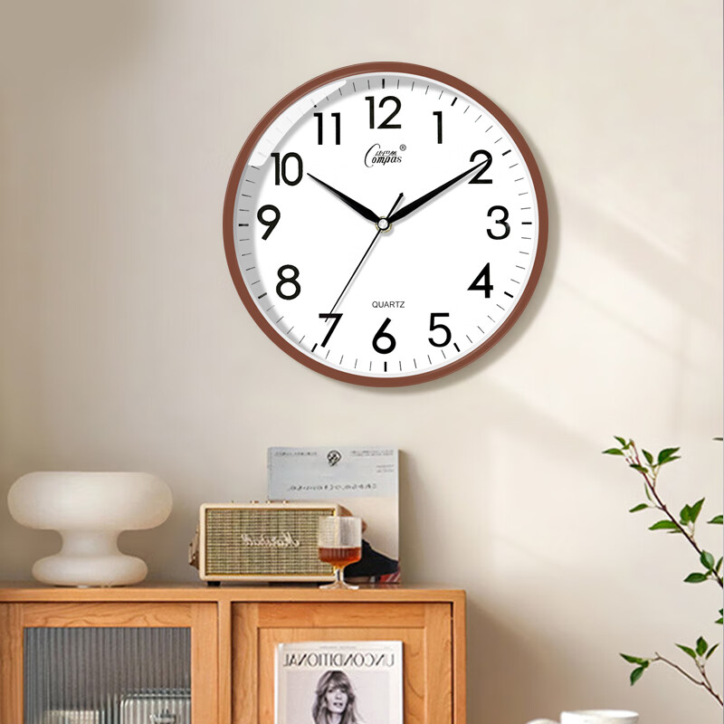 Compas Wall Clock, Living Room, 12-Inch Simple Quiet Quartz Clock, Wall-Mounted Timepiece, C2866, Coffee Color, 30.5cm