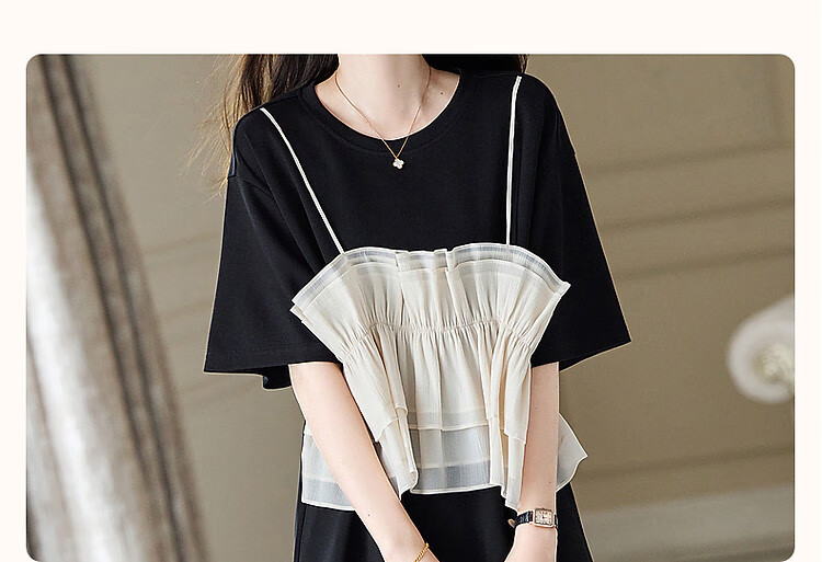 Dme [Light French Style Guide] Summer Round Neck Flowy Mesh Spliced Knit Gentle Knit Dress, Mid-Length for Wome 3