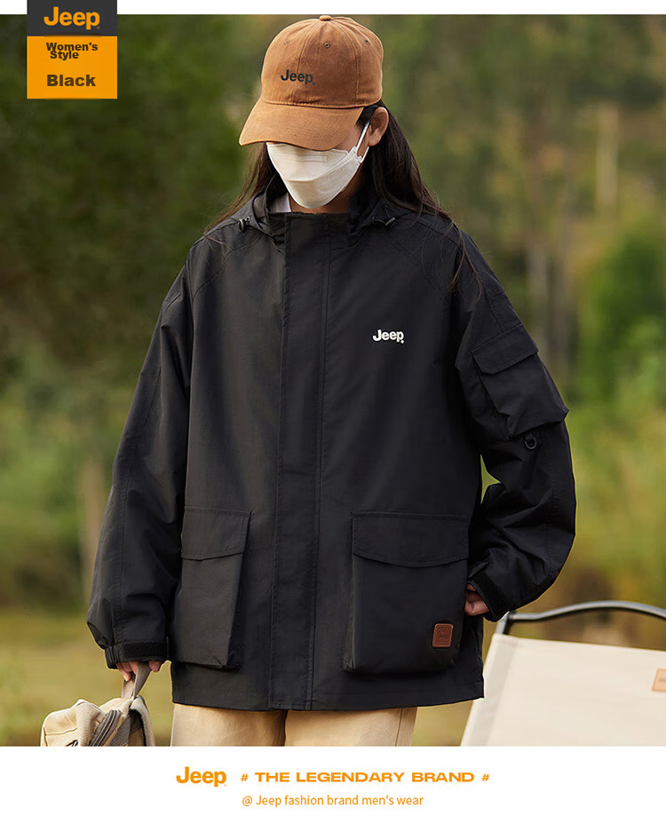 JEEP Men's Jacket, Spring And Autumn Workwear, Loose Casual Windbreaker for Couples, Black, Size M 27