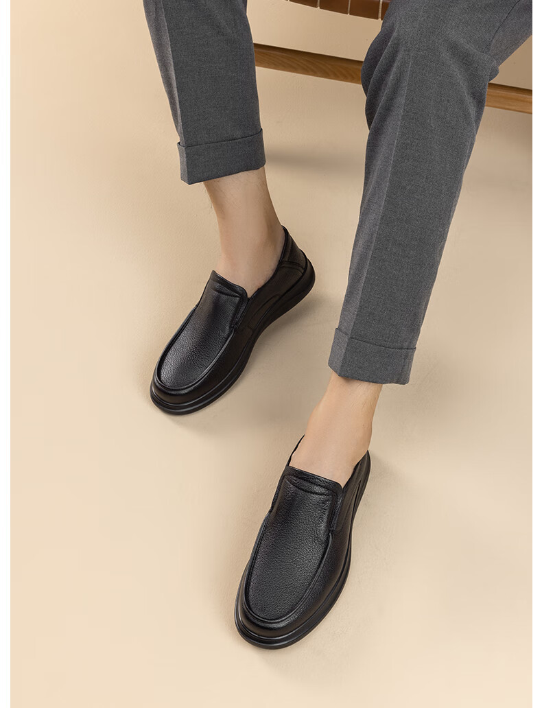 Aokang Men's Shoes, Sheepskin Men's Business Casual Round Toe Slip-On Breathable Soft-Soled Leather Shoes, Black, Size 42 10