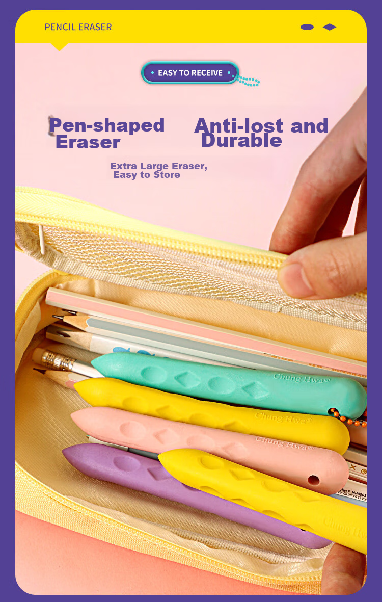 Zhonghua 3-Pack Large Perforated Erasers, Anti-Loss, Hangable, Easy to Erase, Low Debris, Clean, Suitable for Mechanical Pencils, Pen-Shaped Children's Erasers, Thick And Thin Dual-Headed, EB0005-1 Back-To Stationery 6