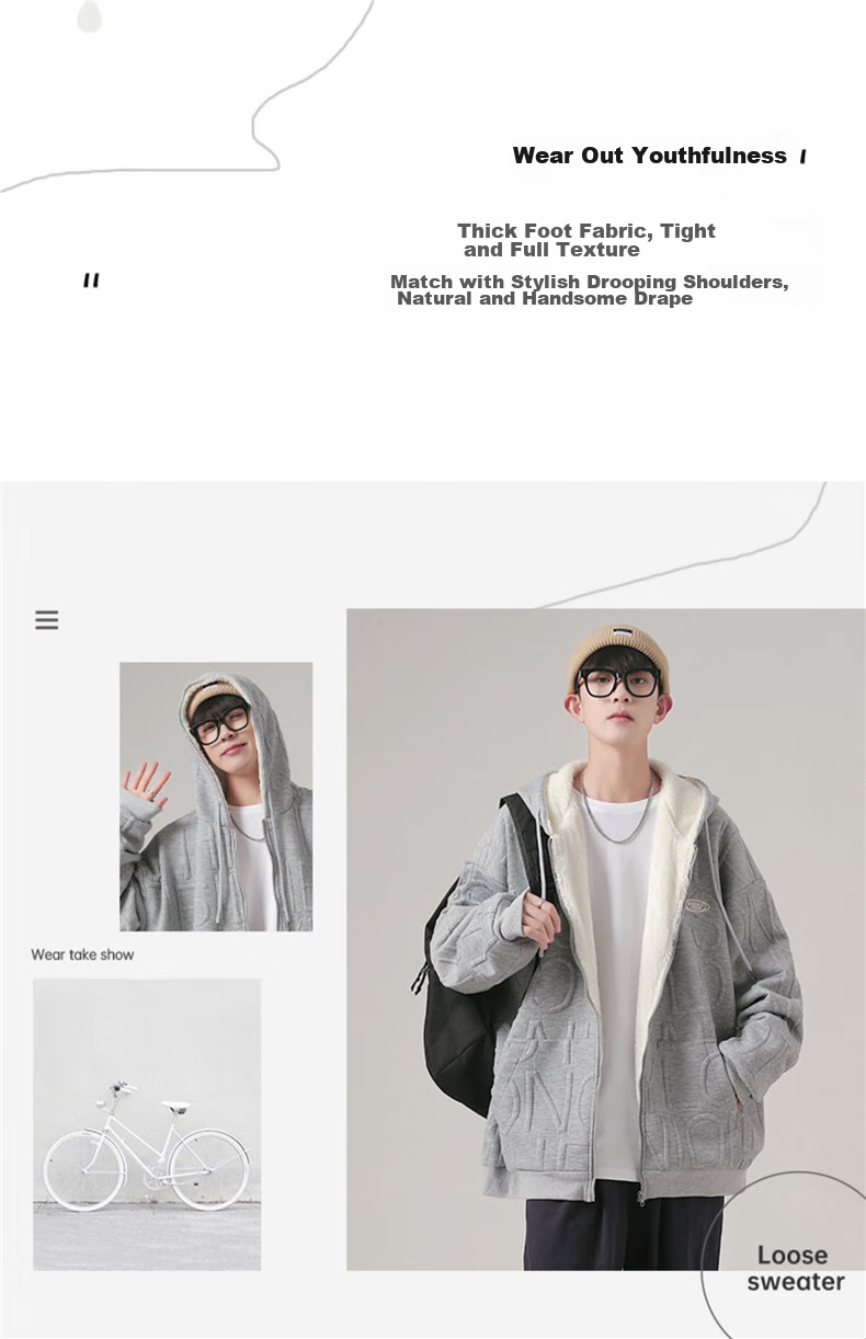 I'M DAVID Men's Autumn And Winter Jacket, Korean Style, Fleece-Lined, Thickened, Cold-Resistant, Warm, Loose-Fitting, Hooded Sports Jacket for Men, Gray, Size L 2