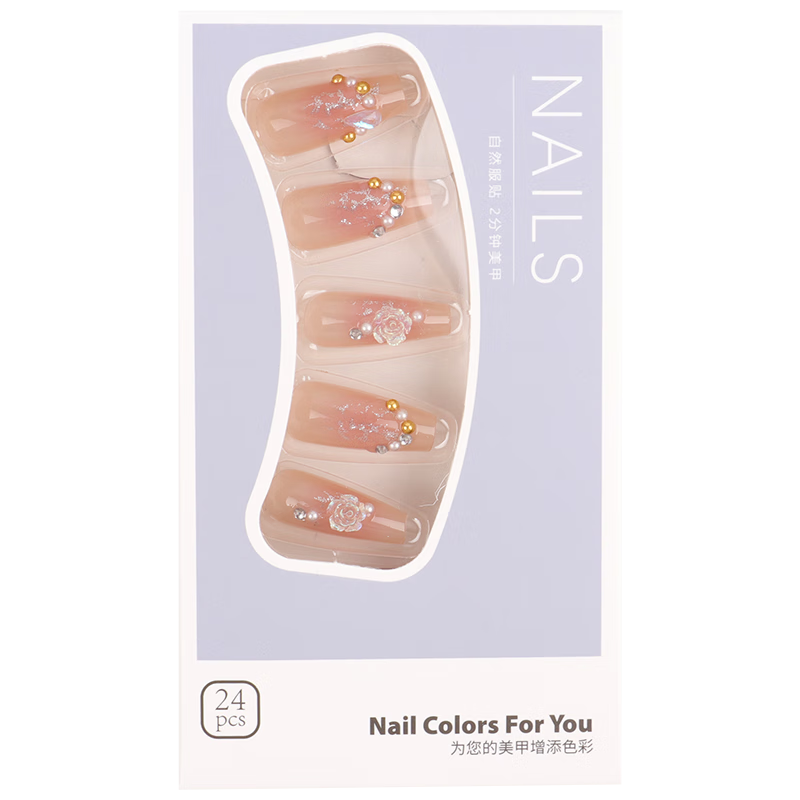 Meifuyu Nail Wraps Wearable Nails (Blush Camellia) Long False Nails Jelly Gel Removable with Tools MF8248