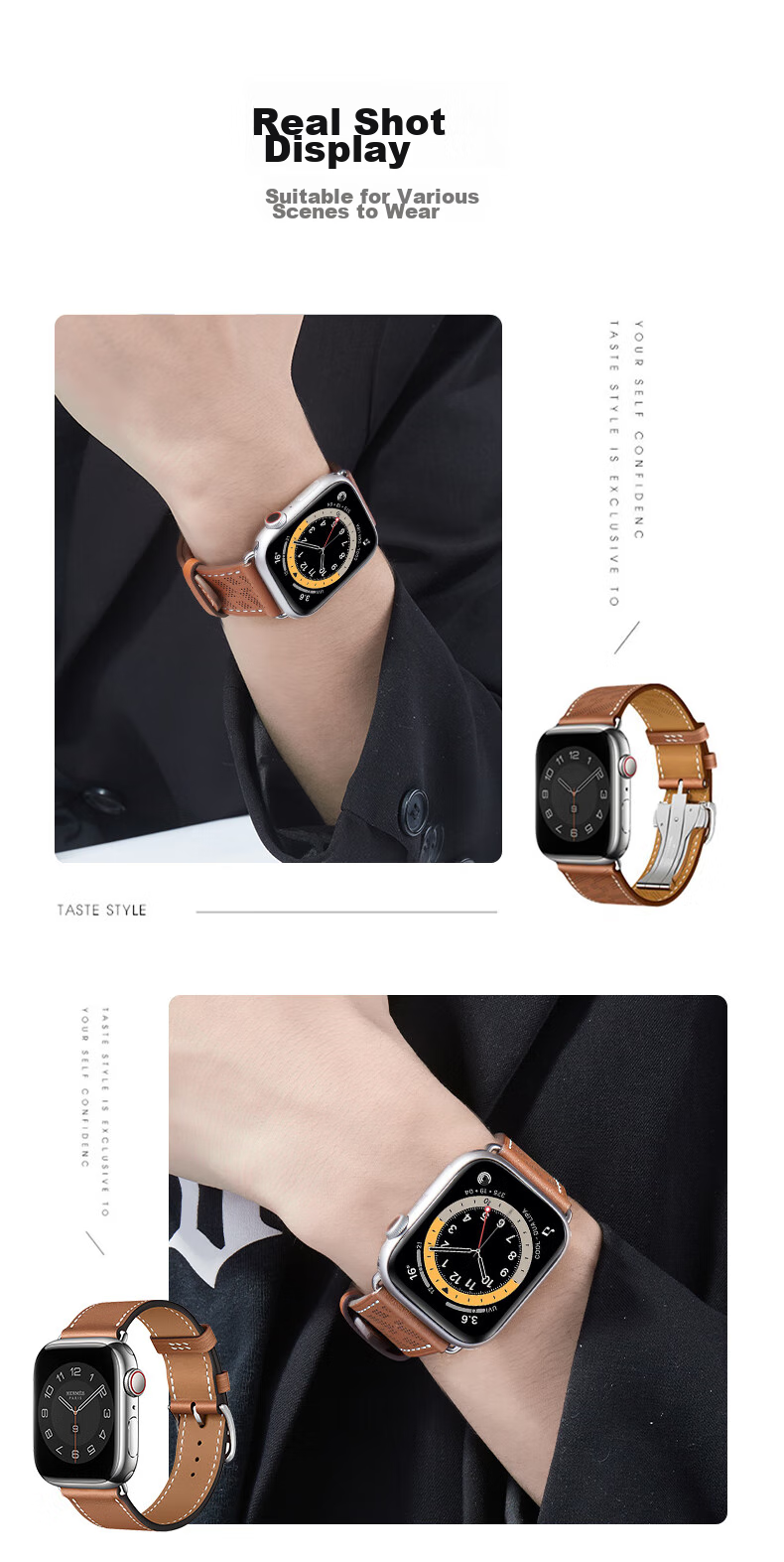 MSSM Compatible Apple Watch Band, Hermes Style IWatch S12 Genuine Leather Folding Buckle Strap, Ultra4/S11/10/Se3 Micro-Hole Light Brown, 44-49 16